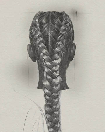 Illustration of the back of a person's head with two long, thick braids against a light background, showcasing detailed hair texture.