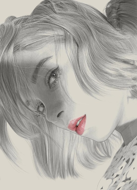 Illustration of a woman's face with red lips, showcasing soft lighting and detailed pencil-like textures in a light environment.