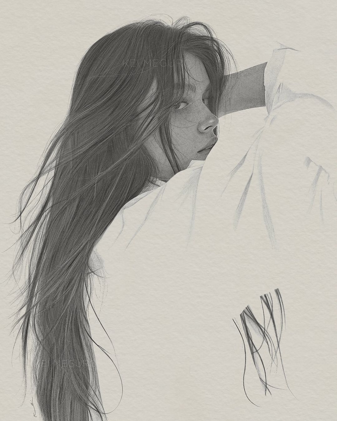 Drawing of a woman with long brown hair looking over her shoulder wearing a white shirt against a neutral backdrop.