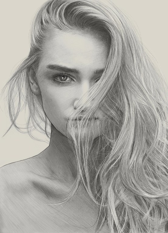 Striking pencil art of a fair-skinned adult woman with long blonde hair, facing the viewer with a neutral facial expression.