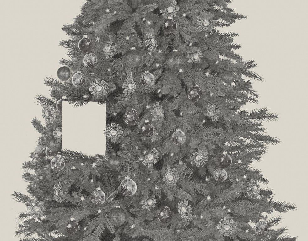 Monochromatic image of a Christmas tree decorated with ornaments and lights, with a blank white card hanging on one side.