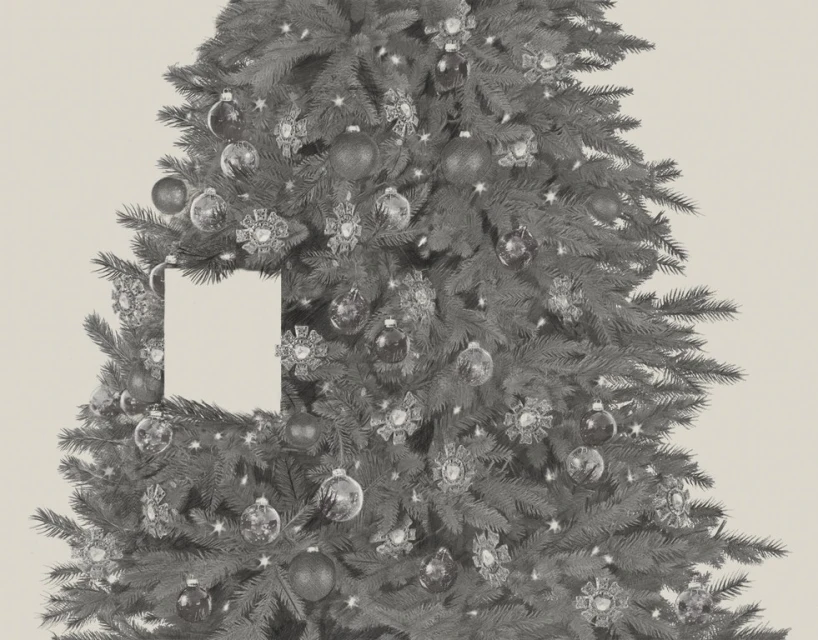 Monochromatic image of a Christmas tree decorated with ornaments and lights, with a blank white card hanging on one side.