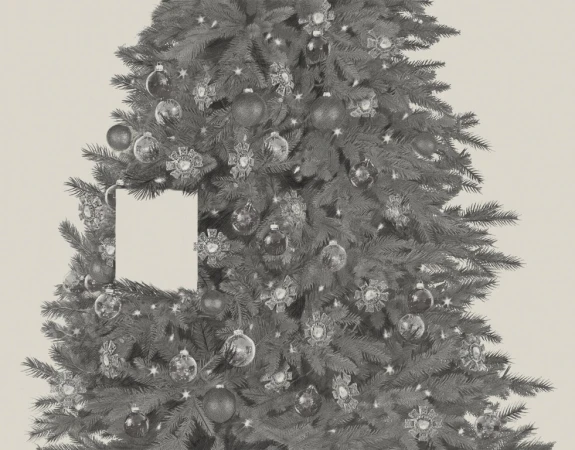 Monochromatic image of a Christmas tree decorated with ornaments and lights, with a blank white card hanging on one side.