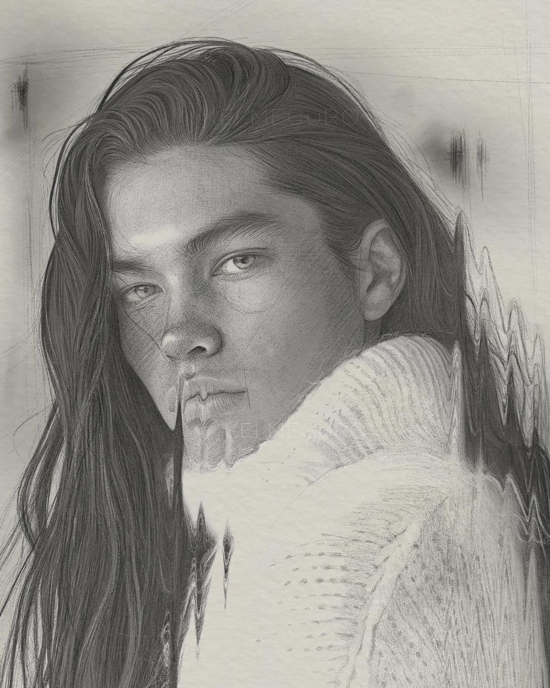 Pencil drawing of a long-haired person in a white sweater, rendered in black and white with a distorted abstract background.
