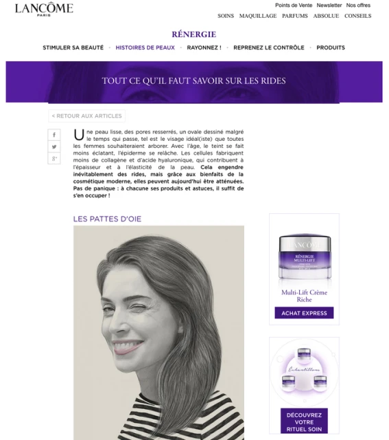 Digital advertisement for Lancôme featuring a pencil-style portrait of a woman winking, set against a website layout with skincare product promos.