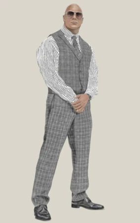 Bald adult man in stylish grey plaid suit and sunglasses, standing indoors with his hands together, looking confidently at the camera.