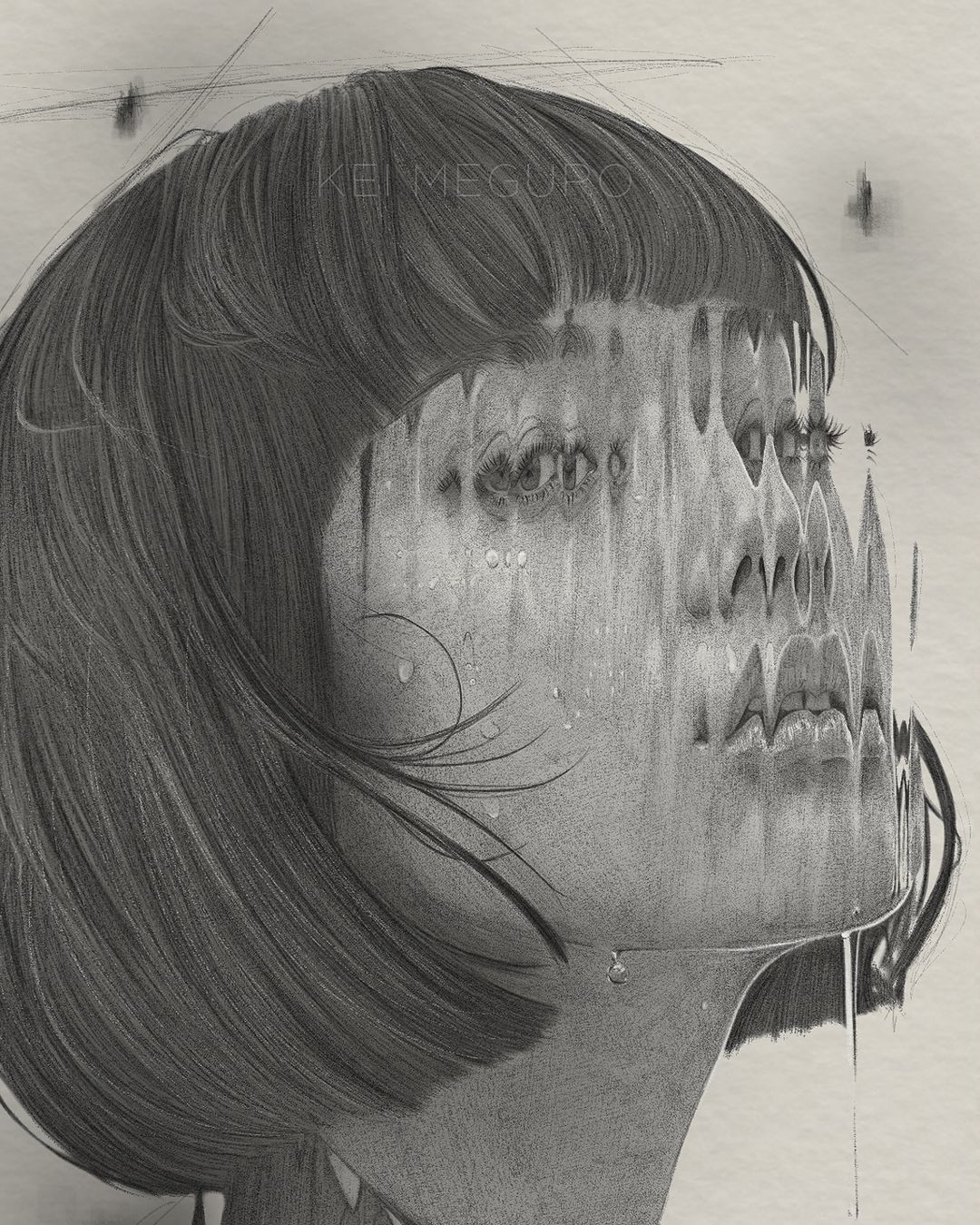 Detailed pencil drawing of a woman with short, dark hair; her face has a melting, watery effect with droplets. Kei Meguro signature is visible.