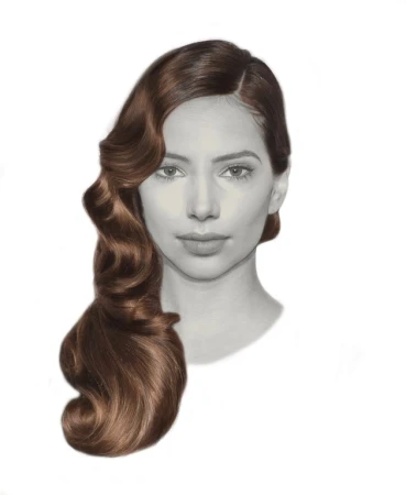 Portrait illustration of a woman with sculpted brown finger waves against a clean white background by Kei Meguro