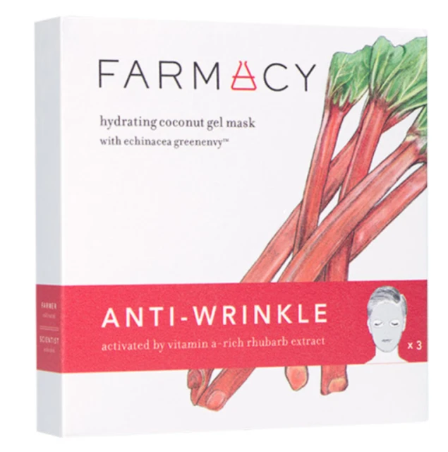 Farmacy hydrating coconut gel mask box featuring rhubarb illustration and anti-wrinkle claim against a clean, bright white backdrop.