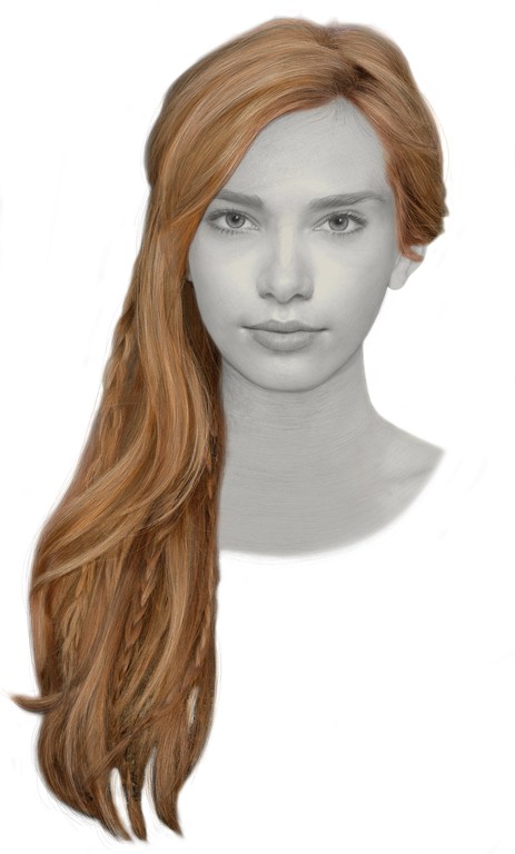 Illustration of an adult female's head and shoulders with flowing, reddish-brown hair, styled with loose waves and braids.