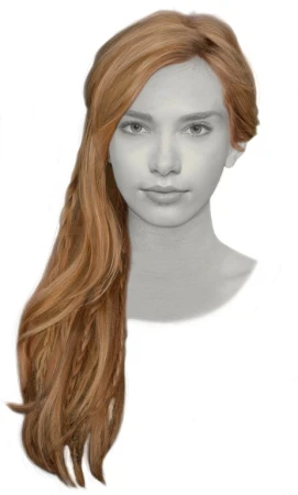Illustration of an adult female's head and shoulders with flowing, reddish-brown hair, styled with loose waves and braids.