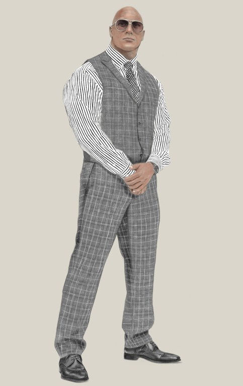 A bald adult male poses, wearing sunglasses, a striped shirt, a grey patterned suit vest, pants, tie, shoes, standing against a solid backdrop.