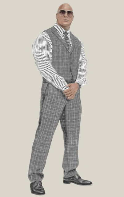 A bald adult male poses, wearing sunglasses, a striped shirt, a grey patterned suit vest, pants, tie, shoes, standing against a solid backdrop.