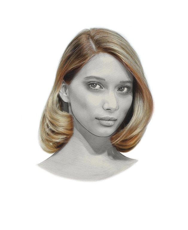 Headshot of a young woman with blonde, curled hair smiling softly against a bright white background in a digitally enhanced portrait.
