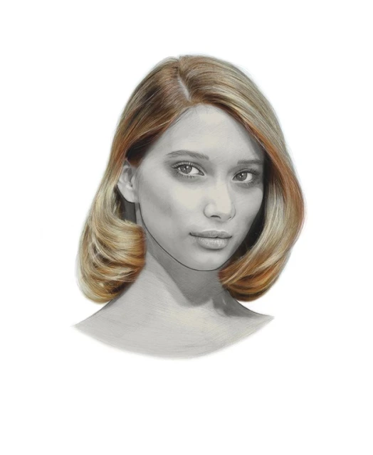 Headshot of a young woman with blonde, curled hair smiling softly against a bright white background in a digitally enhanced portrait.