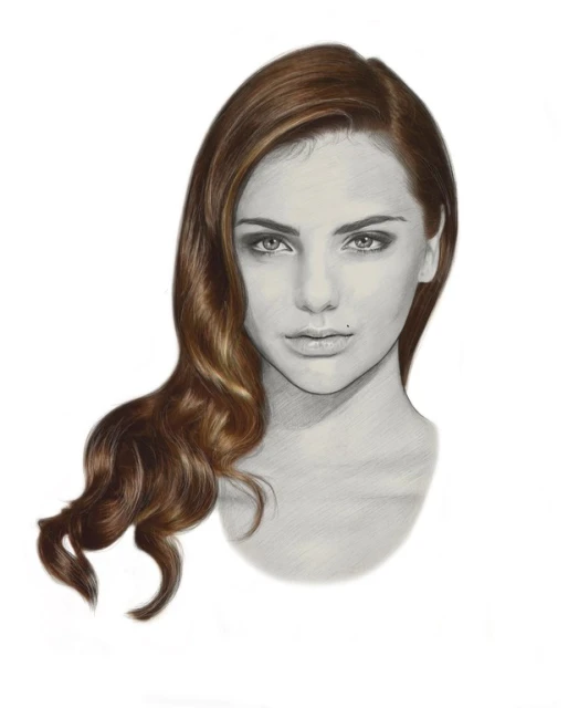 Artistic rendering of a woman's face with realistic hair, rendered in graphite drawing style with touches of natural, golden brown hair.