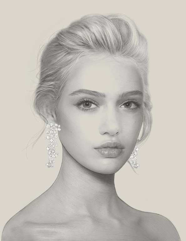Close-up portrait of a blonde adult woman wearing crystal earrings in a digitally painted style, neutral beige background, fashion beauty.