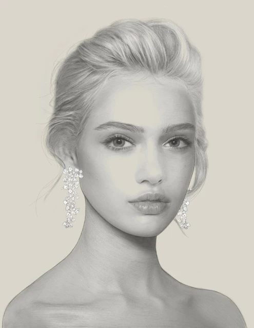 Close-up portrait of a blonde adult woman wearing crystal earrings in a digitally painted style, neutral beige background, fashion beauty.
