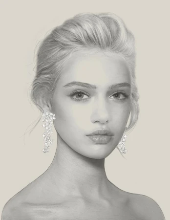 Close-up portrait of a blonde adult woman wearing crystal earrings in a digitally painted style, neutral beige background, fashion beauty.