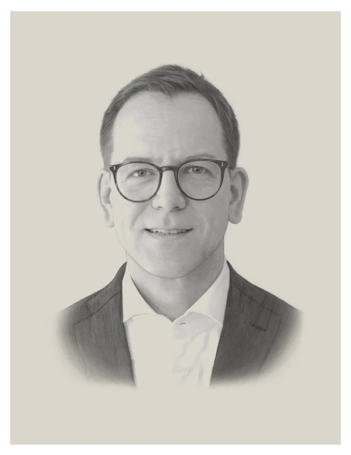 Artistic portrait of an adult male with glasses wearing a suit, showcasing a detailed pencil-style drawing with a neutral color palette.