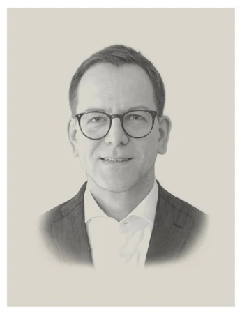 Artistic portrait of an adult male with glasses wearing a suit, showcasing a detailed pencil-style drawing with a neutral color palette.