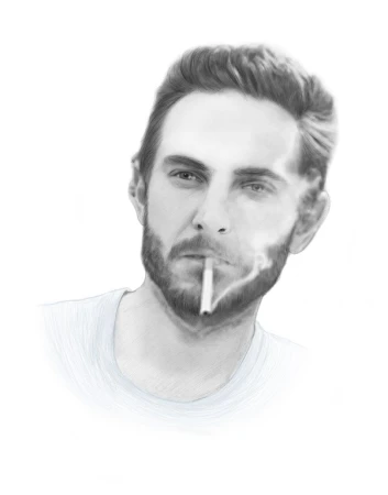 Monochrome pencil illustration of a man with a beard smoking a cigarette wearing a white t-shirt