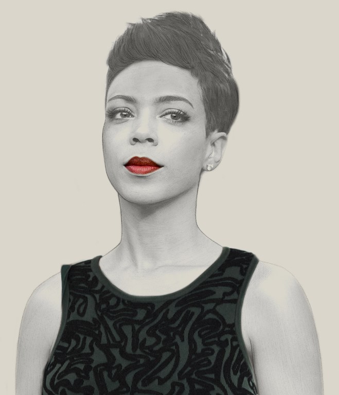 Illustration of a woman with short hair and red lips wearing a patterned top against a neutral background in a portrait orientation.