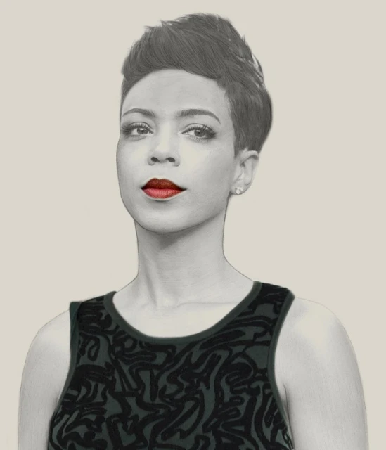 Illustration of a woman with short hair and red lips wearing a patterned top against a neutral background in a portrait orientation.