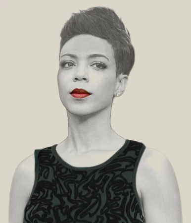 Illustration of a woman with short hair and red lips wearing a patterned top against a neutral background in a portrait orientation.