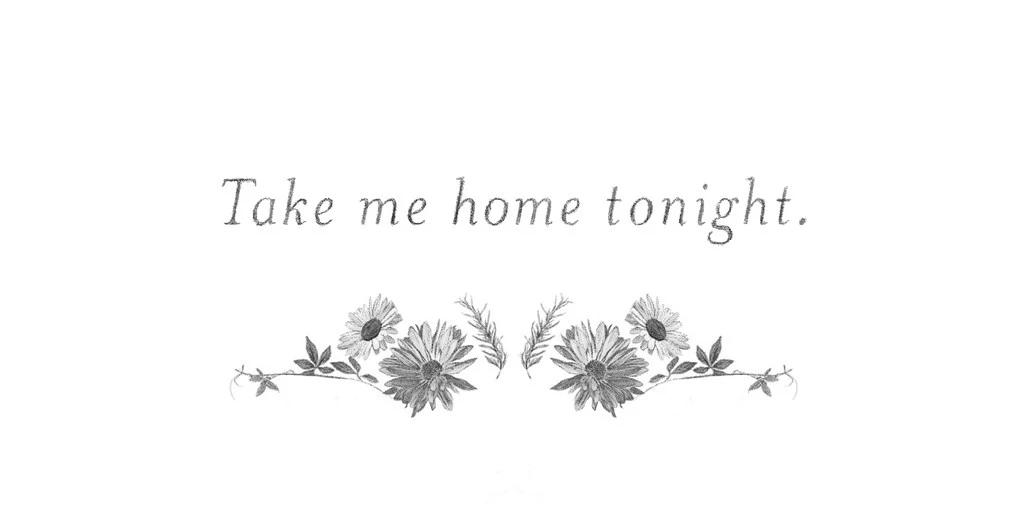 Stylized graphic design featuring the text “Take me home tonight” with floral embellishments and a clean, bright background.