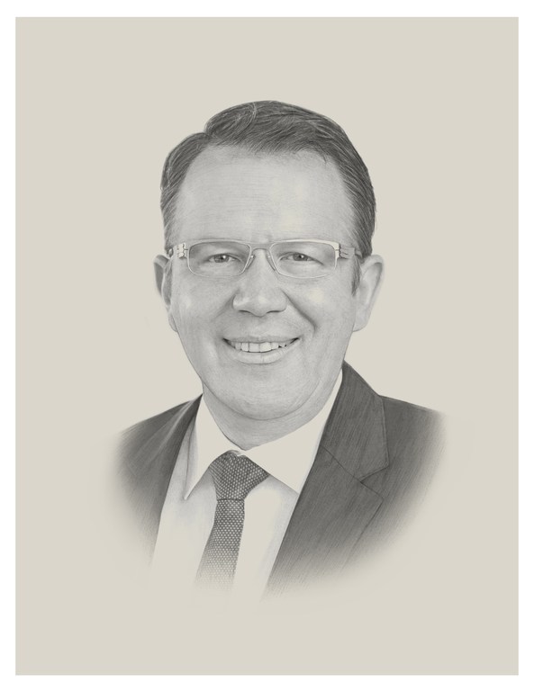 Pencil art portrait of an adult man wearing glasses, a suit, and a tie against a neutral background with a vignette effect.