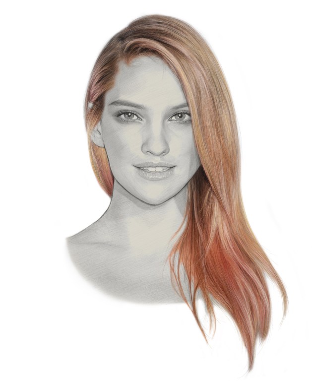 Detailed pencil portrait of a woman with long red-brown hair by Kei Meguro against a white background