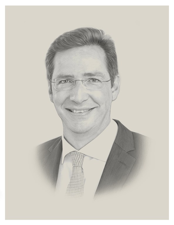 Pencil-style portrait of smiling adult man with glasses wearing a suit and tie on an off-white background, created with art techniques.