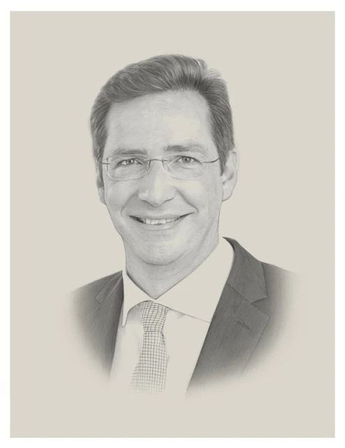Pencil-style portrait of smiling adult man with glasses wearing a suit and tie on an off-white background, created with art techniques.