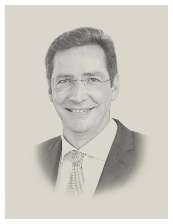Pencil-style portrait of smiling adult man with glasses wearing a suit and tie on an off-white background, created with art techniques.