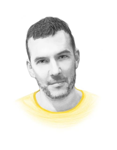 Pencil art of adult man with light beard wearing yellow t-shirt on white background with realistic shading and highlights. 