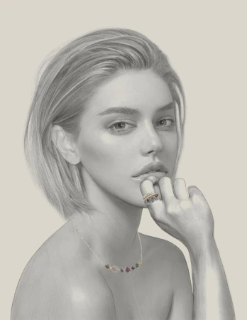 Monochrome pencil illustration of a woman with short blonde hair wearing a gemstone necklace and rings by Kei Meguro.