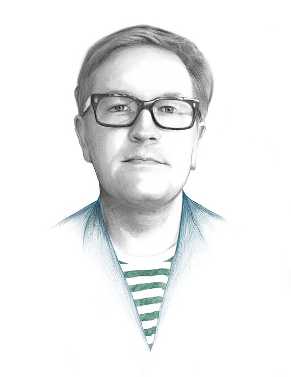 Graphite portrait drawing of a man wearing thick-rimmed glasses and a striped t-shirt by Kei Meguro
