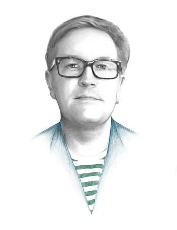 Graphite portrait drawing of a man wearing thick-rimmed glasses and a striped t-shirt by Kei Meguro