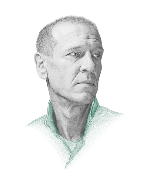 Illustration of an adult man in shades of grey with a light-green collared shirt against a white background, looking off to the side.