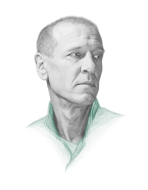 Illustration of an adult man in shades of grey with a light-green collared shirt against a white background, looking off to the side.