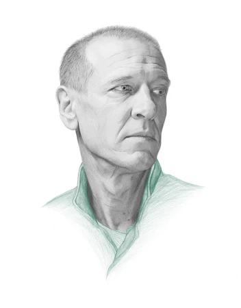 Illustration of an adult man in shades of grey with a light-green collared shirt against a white background, looking off to the side.