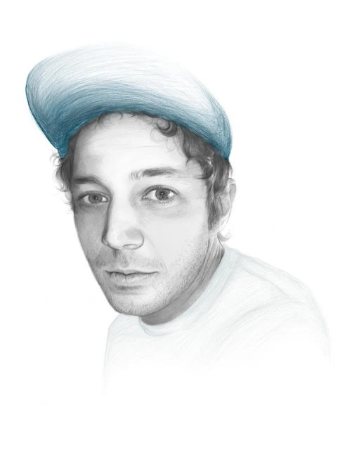 Illustration of a man with curly hair wearing a blue baseball cap, depicted in a detailed sketch style against a white background.