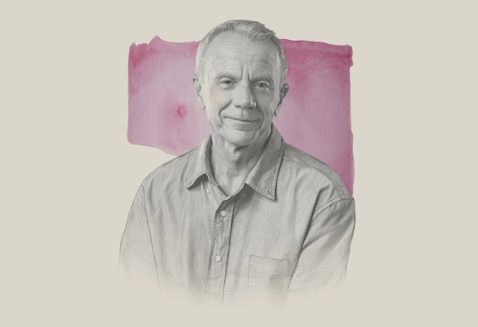Pencil and watercolor art portrait of a smiling adult male wearing a collared shirt against a neutral background with a pink watercolor element.