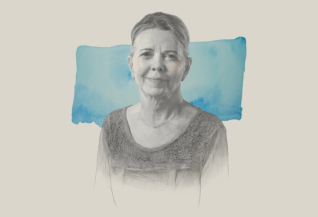Illustration of a smiling woman with gray hair, wearing a lace top, against a background with a blue watercolor-style splash.