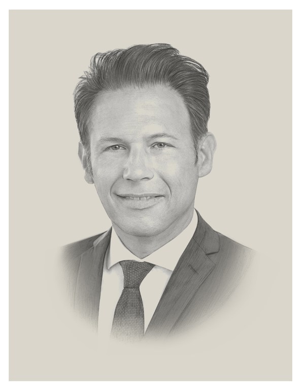 Illustration of a man in a suit and tie. Portrait art with neutral tones and a smiling expression. Business professional concept.