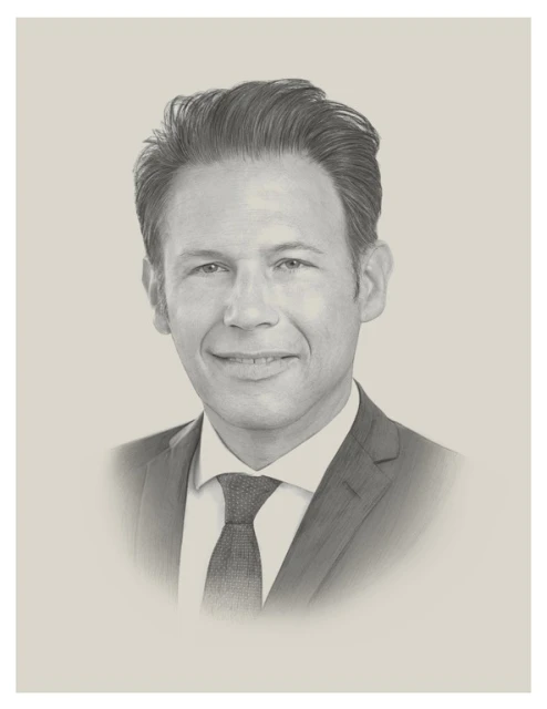 Illustration of a man in a suit and tie. Portrait art with neutral tones and a smiling expression. Business professional concept.