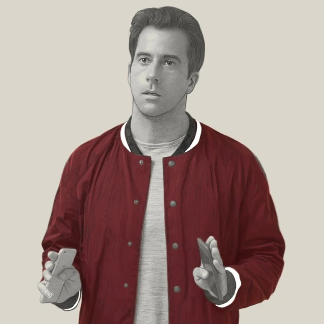 Illustration of a man holding two cellphones, wearing a red jacket and gray shirt, set against a neutral background.
