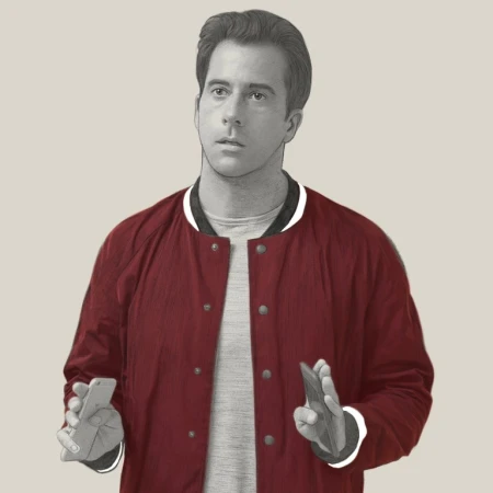 Illustration of a man holding two cellphones, wearing a red jacket and gray shirt, set against a neutral background.