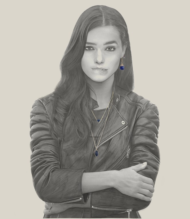 Illustration of a woman in a leather jacket with crossed arms, wearing jewelry, against a pale beige background.
